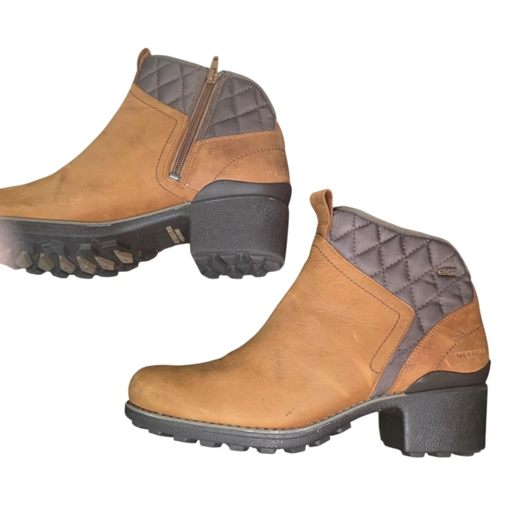 Merrell J45546 Womens 10 Waterproof Leather Ankle Boots Brown Block Heel